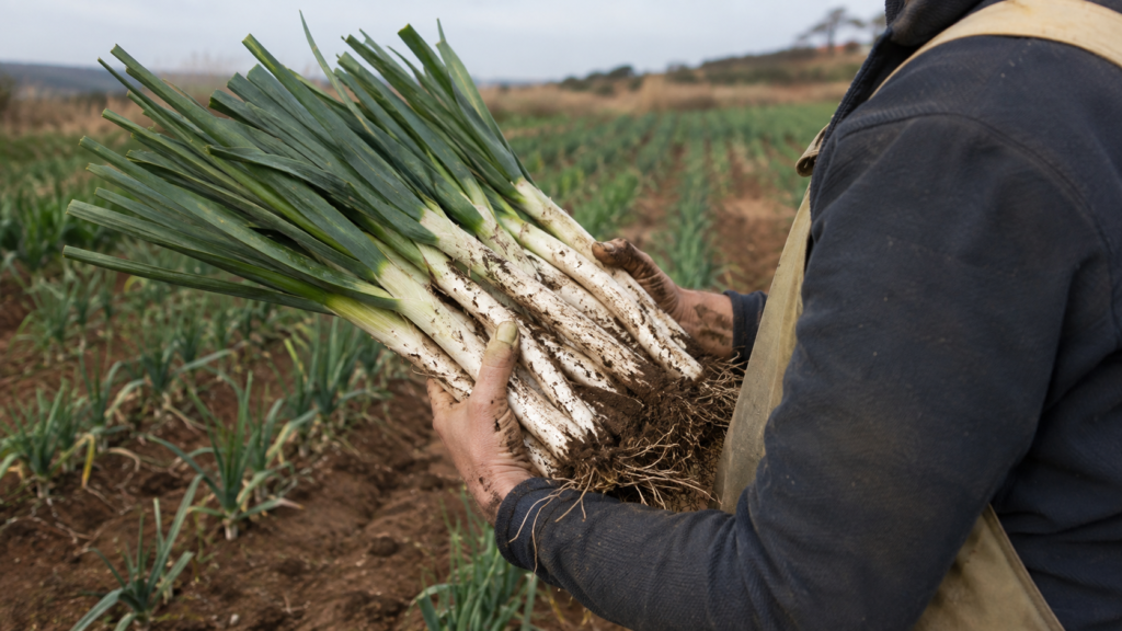 Agricultor mostrando calçots recién cosechados en una explotación agrícola catalana.