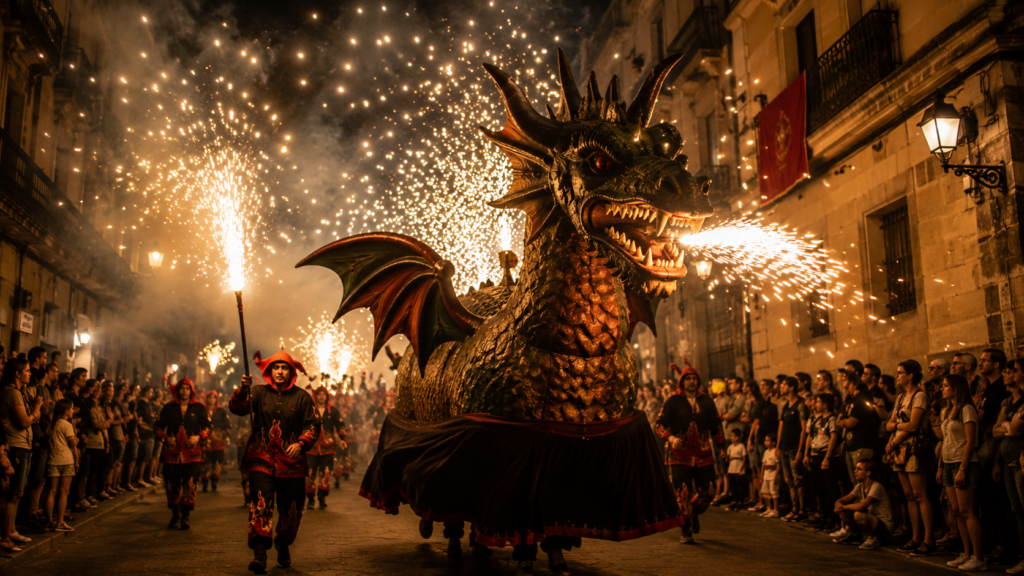 Dragón de fuego del bestiari popular catalán durante un correfoc