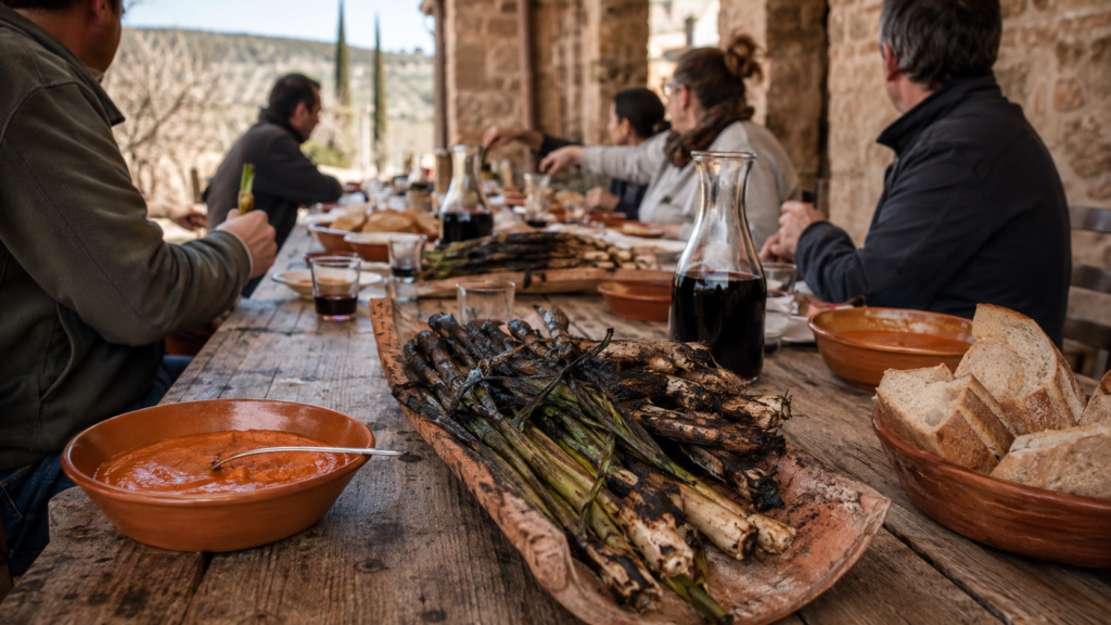 Calçots recién cosechados sobre una mesa de madera en una explotación agrícola catalana.