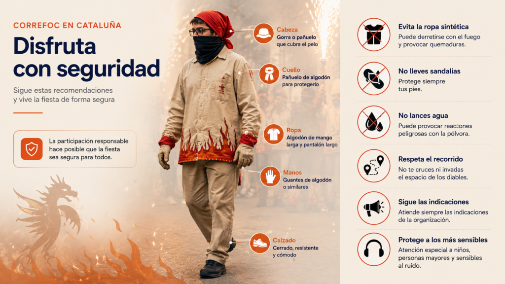 Consejos de seguridad para participar en un correfoc en Cataluña.