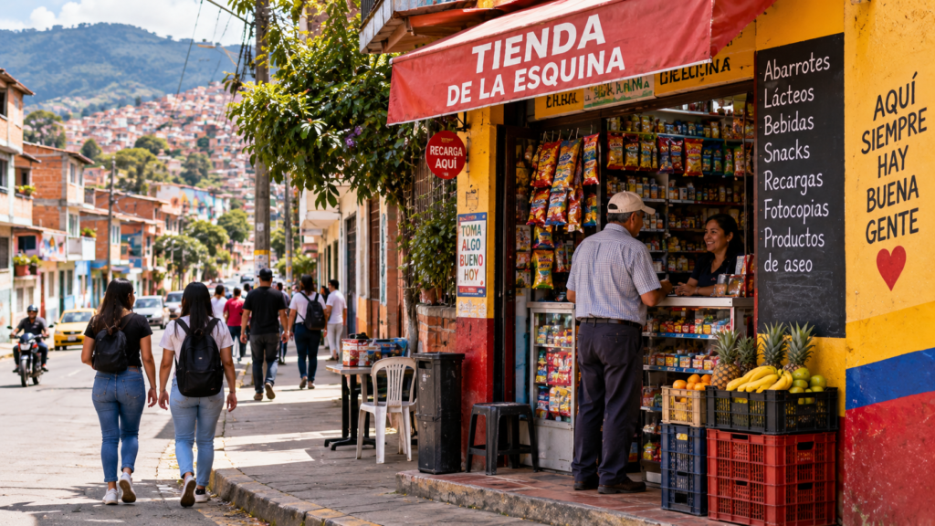 Barrio colombiano con tienda de esquina y vida cotidiana.