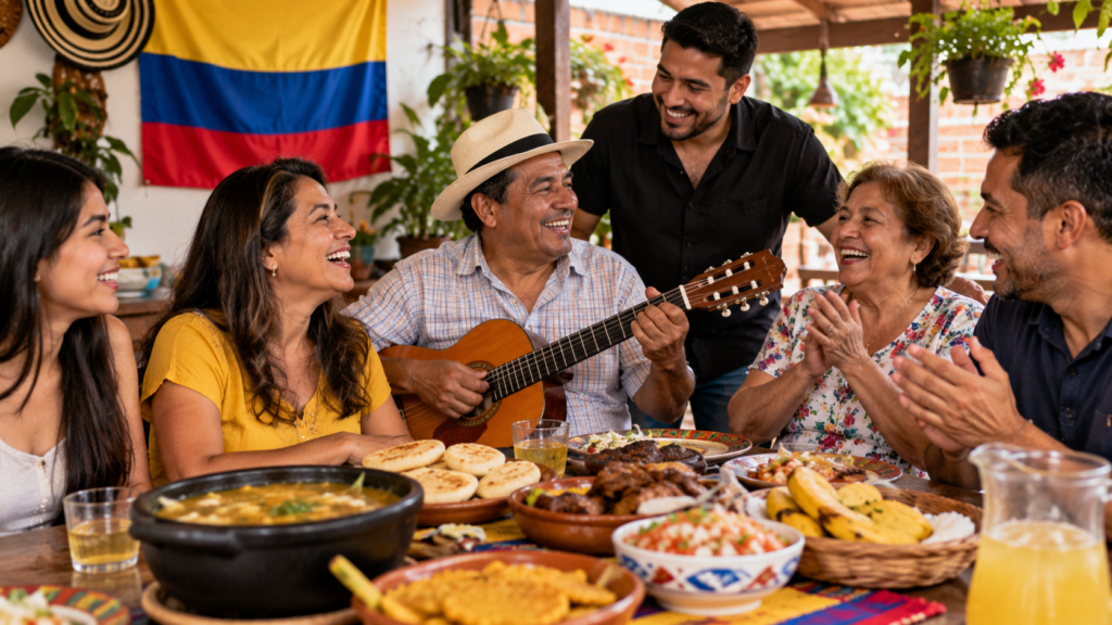 Familia colombiana celebrando una reunión tradicional.